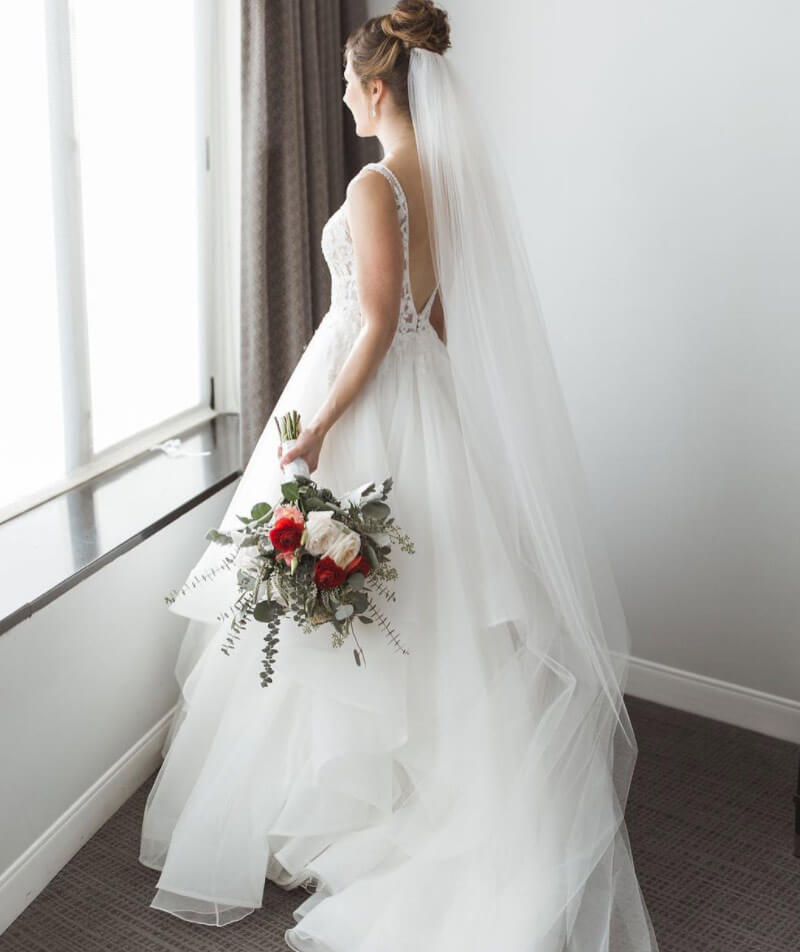 Model wearing a white gown 